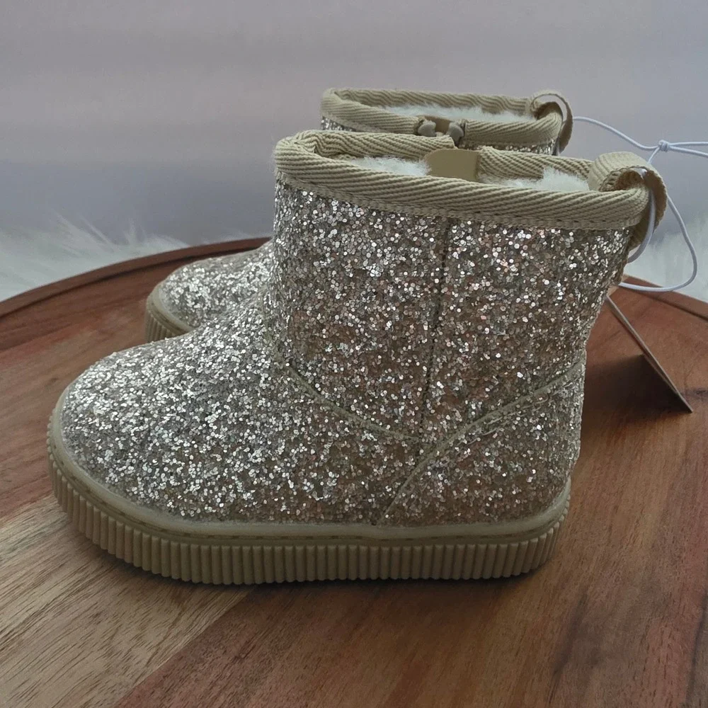 Cat & Jack Glitter Ankle Boots Toddler 5 Gold New Faux Fur Lined Zipper